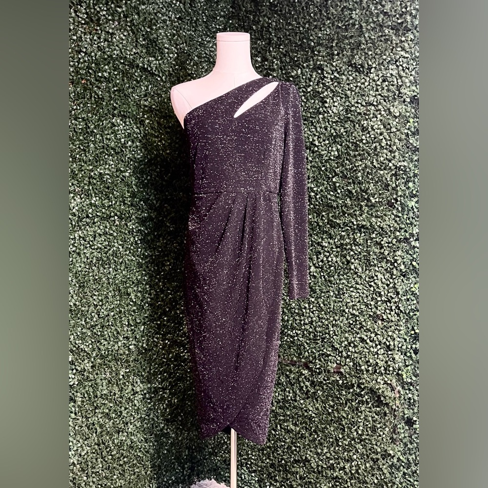 One shoulder cut out black shimmery dress